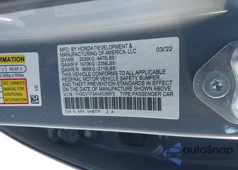 2022 Honda Accord Sport из США, поврежденный, VIN 1HGCV1F34NA035875